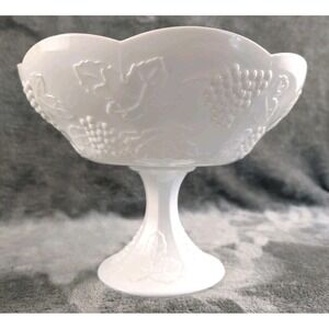 Vintage Milk Glass Pedestal Compote Bowl –‎ Grapevine Pattern Scalloped Edge